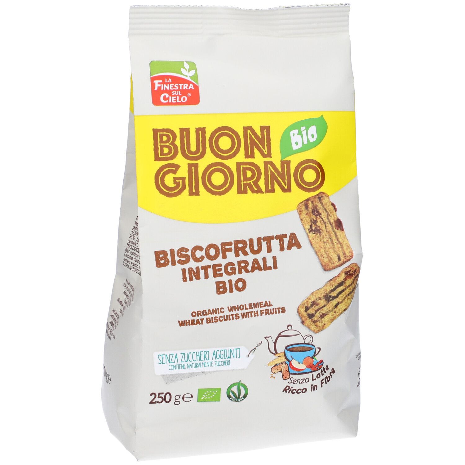 Confezione di Buongiornobio Biscofrutta Integrali Bio. Scritta: BUON GIORNO, Biscofrutta Integrali Bio, 250g, marchio bio.