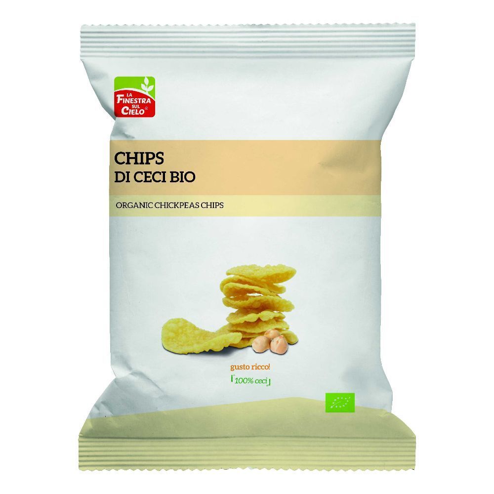 Confezione di Chips Di Ceci Bio. Scritta: Organic Chickpeas Chips. Pila di chips e ceci. Sigillo biologico.