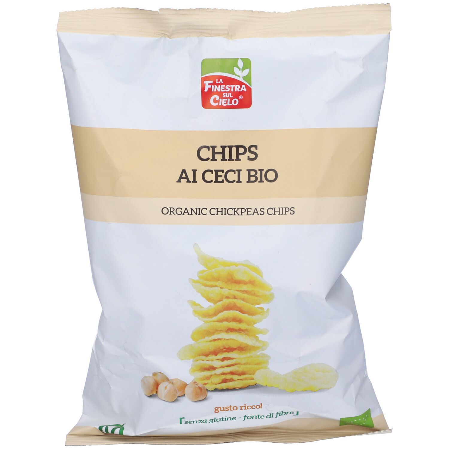 Confezione Chips Ai Ceci Bio. Scritta: Organic Chickpeas Chips. Pila di chips e ceci. Senza glutine.
