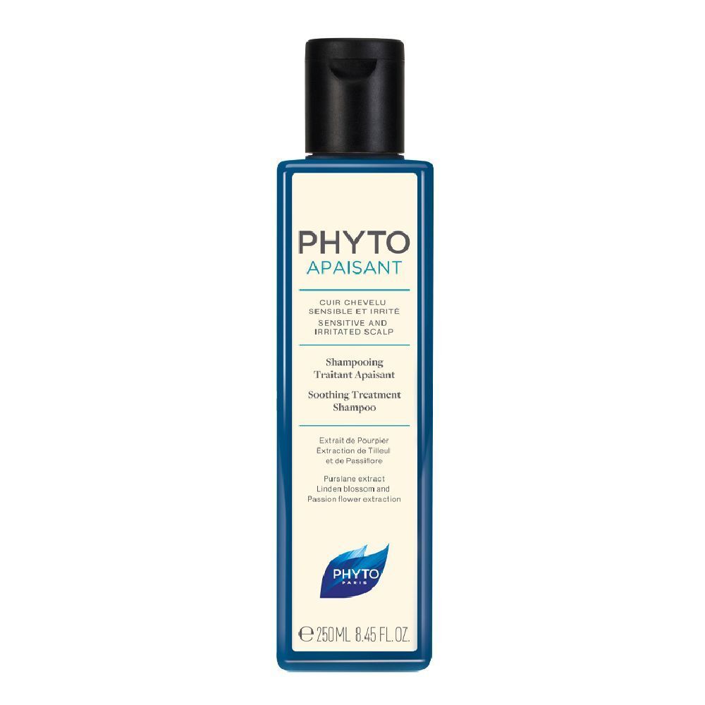 Flacone blu e bianco con tappo nero. Scritta: PHYTO APAISANT, Shampooing Traitant Apaisant. 250ml.