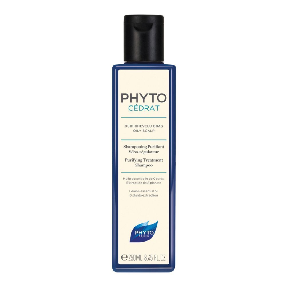 Flacone blu e bianco, tappo nero. Scritta: PHYTOCÉDRAT, cuoio capelluto grasso. Shampoo Purificante.