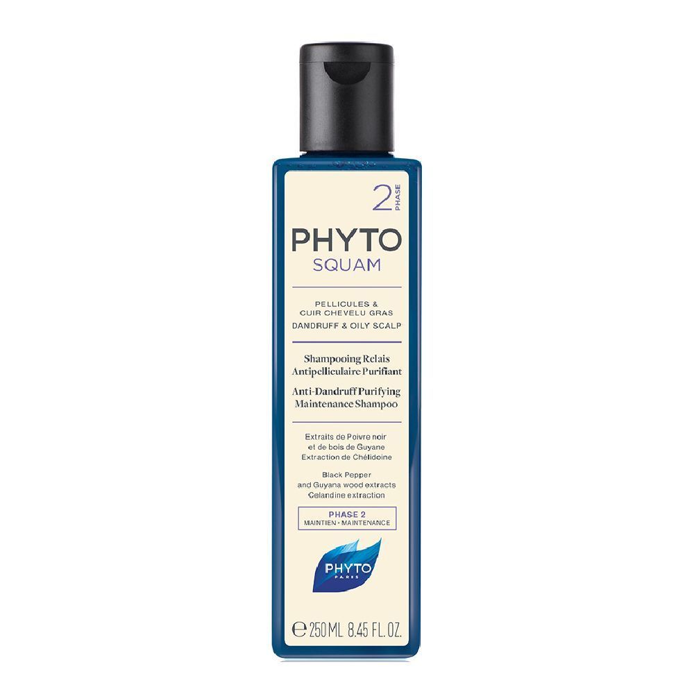 Flacone blu e bianco, tappo nero. Scritta: PHYTOSQUAM, shampoo per cute grassa e forfora. 250 ml.