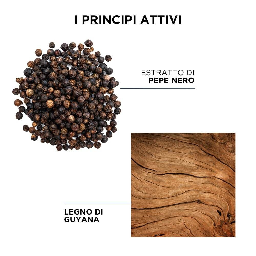 Immagine di grani di pepe e legno. Scritte: Estratto di Pepe Nero, Legno di Guyana.