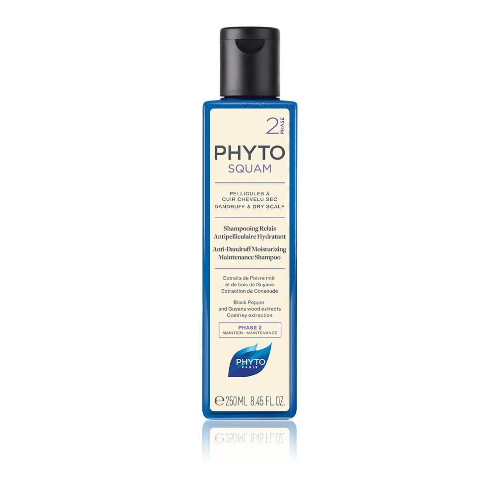 Flacone blu e bianco con tappo nero. Scritta: PHYTO SQUAM, shampoo antiforfora. 250 ml.
