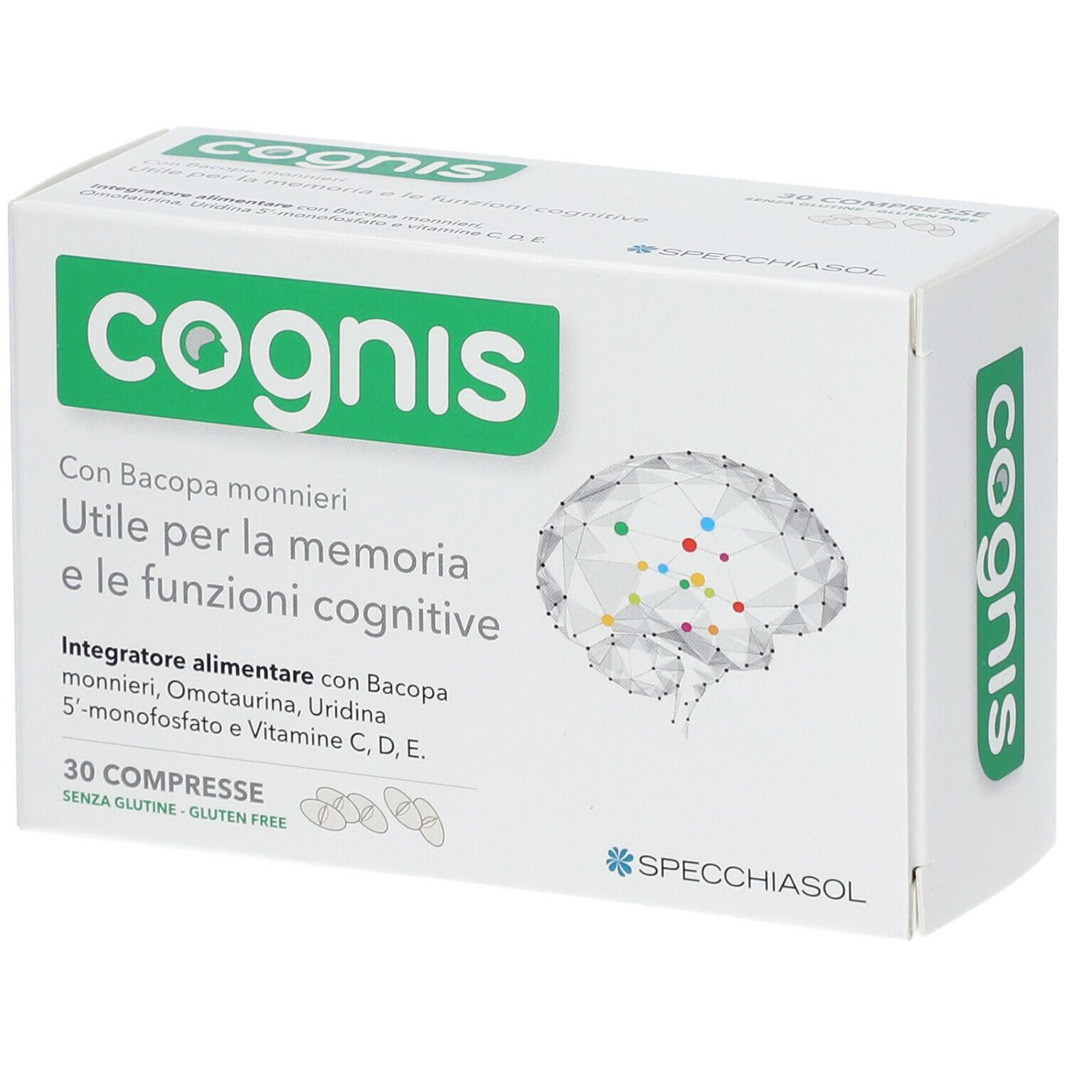 Scatola bianca con logo verde "cognis". Testo: "Con Bacopa monnieri..." e "30 Compresse". Logo Spechiasol.