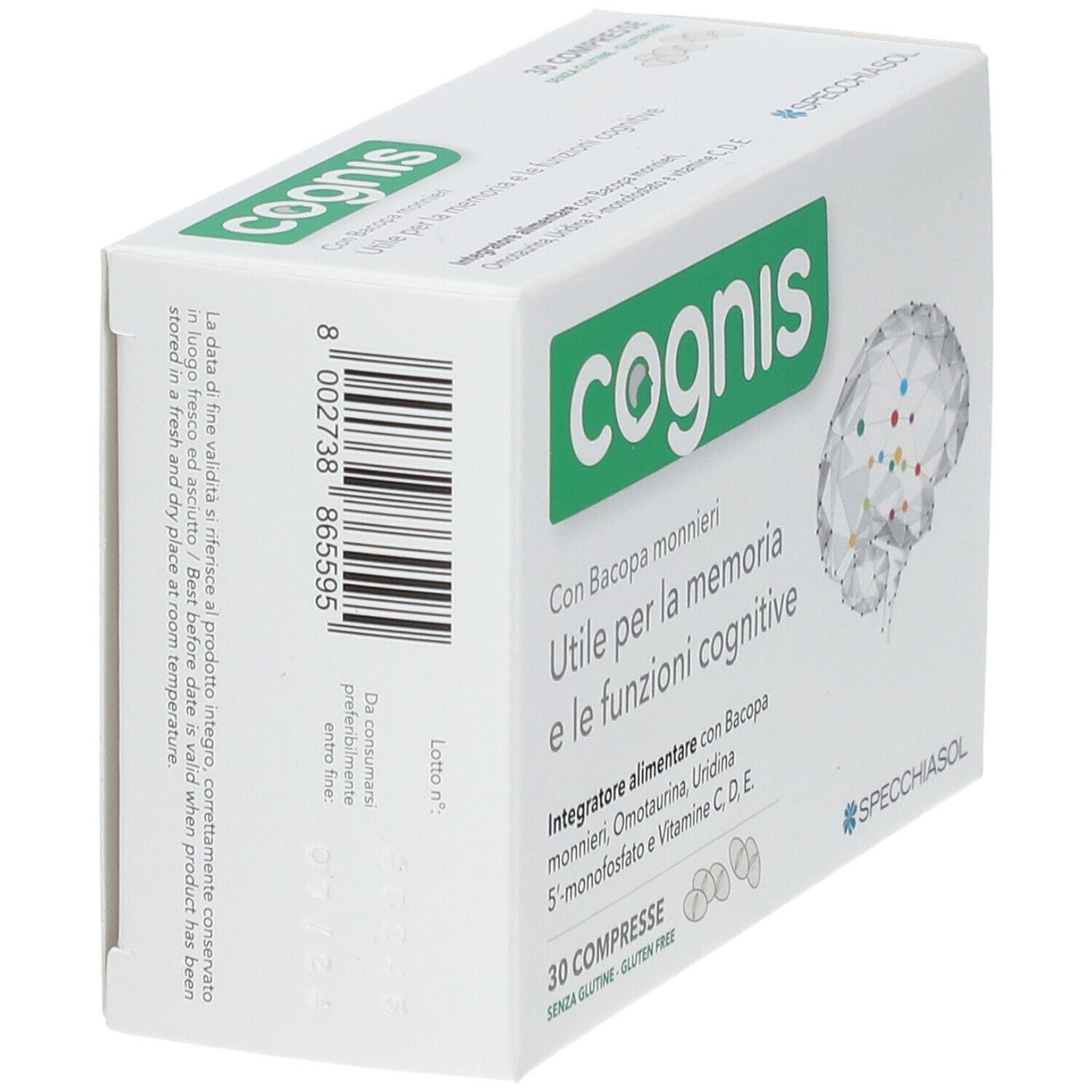 Scatola bianca angolata. Logo verde "cognis". Testo: "Con Bacopa monnieri..." e "30 Compresse". Logo Spechiasol.