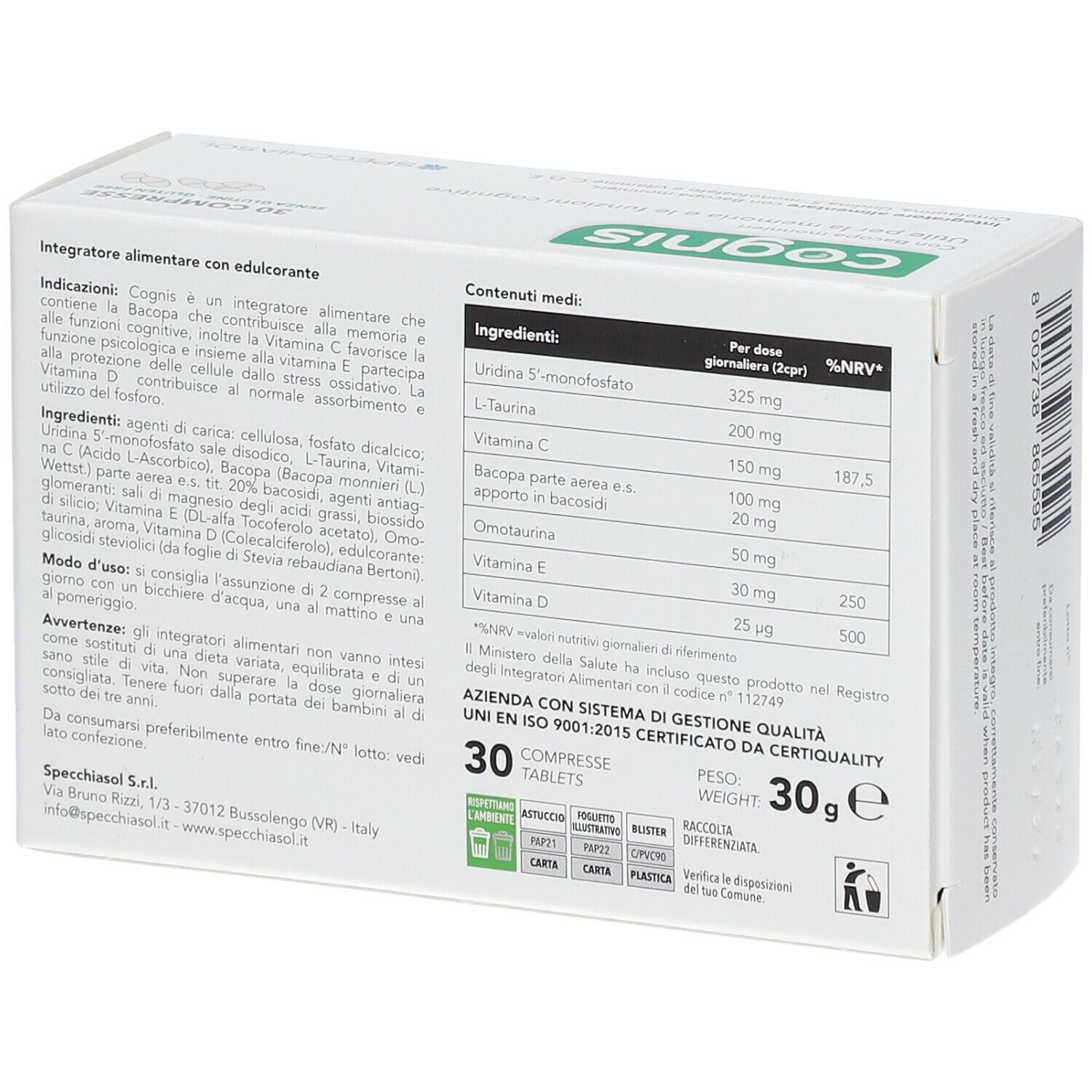 Scatola bianca, retro. Testo: ingredienti, informazioni nutrizionali, "30 compresse". Certificazione ISO 9001. Indirizzo Spechiasol.