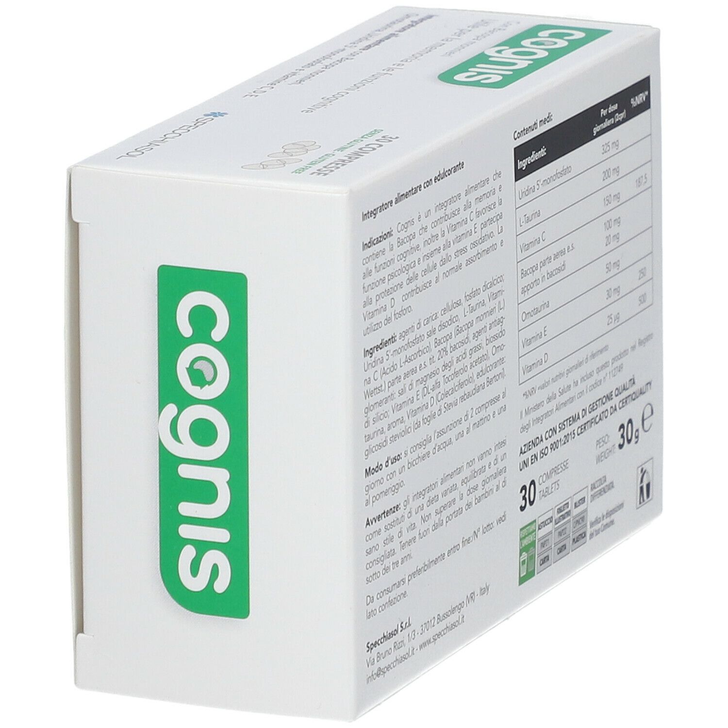 Scatola bianca angolata. Retro con testo: ingredienti, informazioni nutrizionali, "30 compresse". Certificazione ISO 9001.