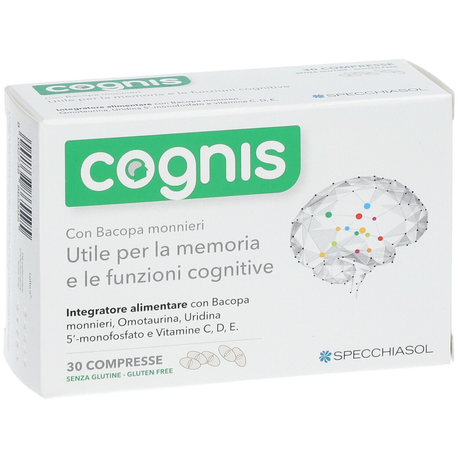 Scatola bianca con logo verde "cognis". Testo: "Con Bacopa monnieri..." e "30 Compresse". Logo Spechiasol.