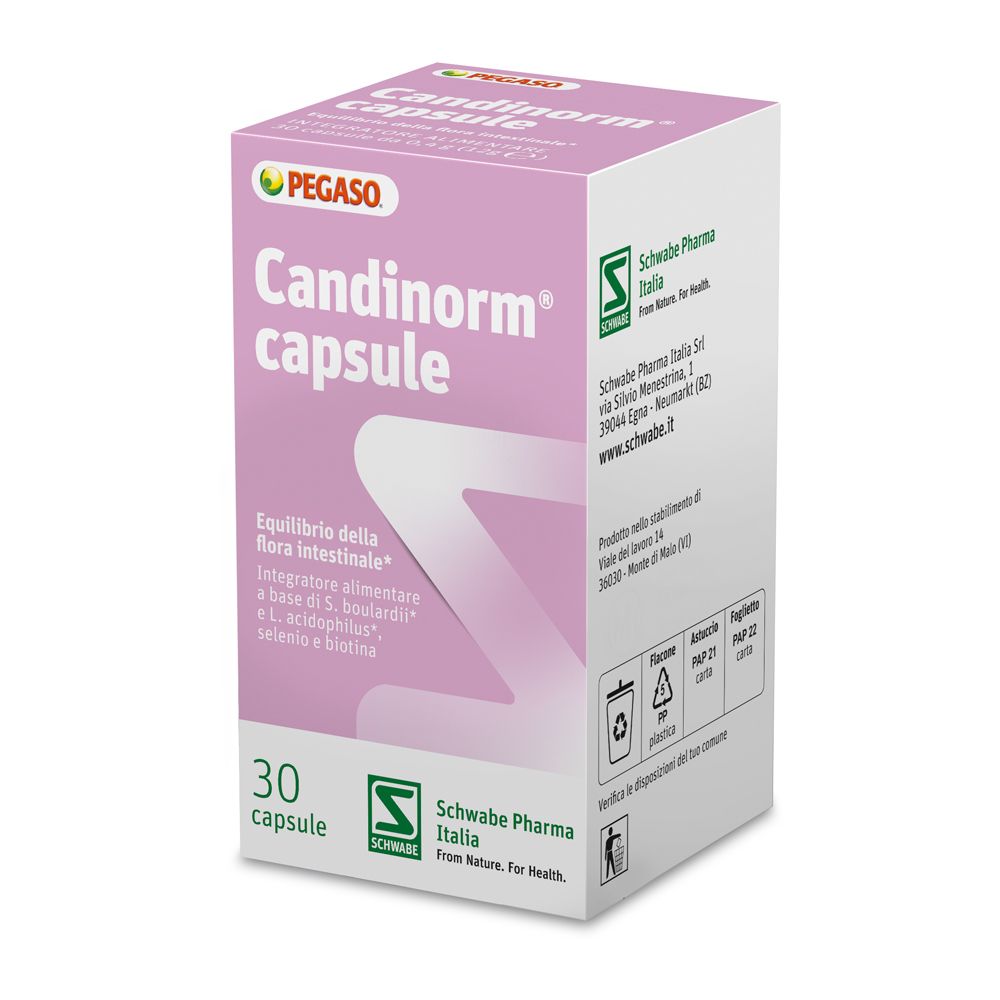 Scatola rosa PEGASO Candinorm capsule. Contiene 30 capsule. Logo Schwabe Pharma Italia.