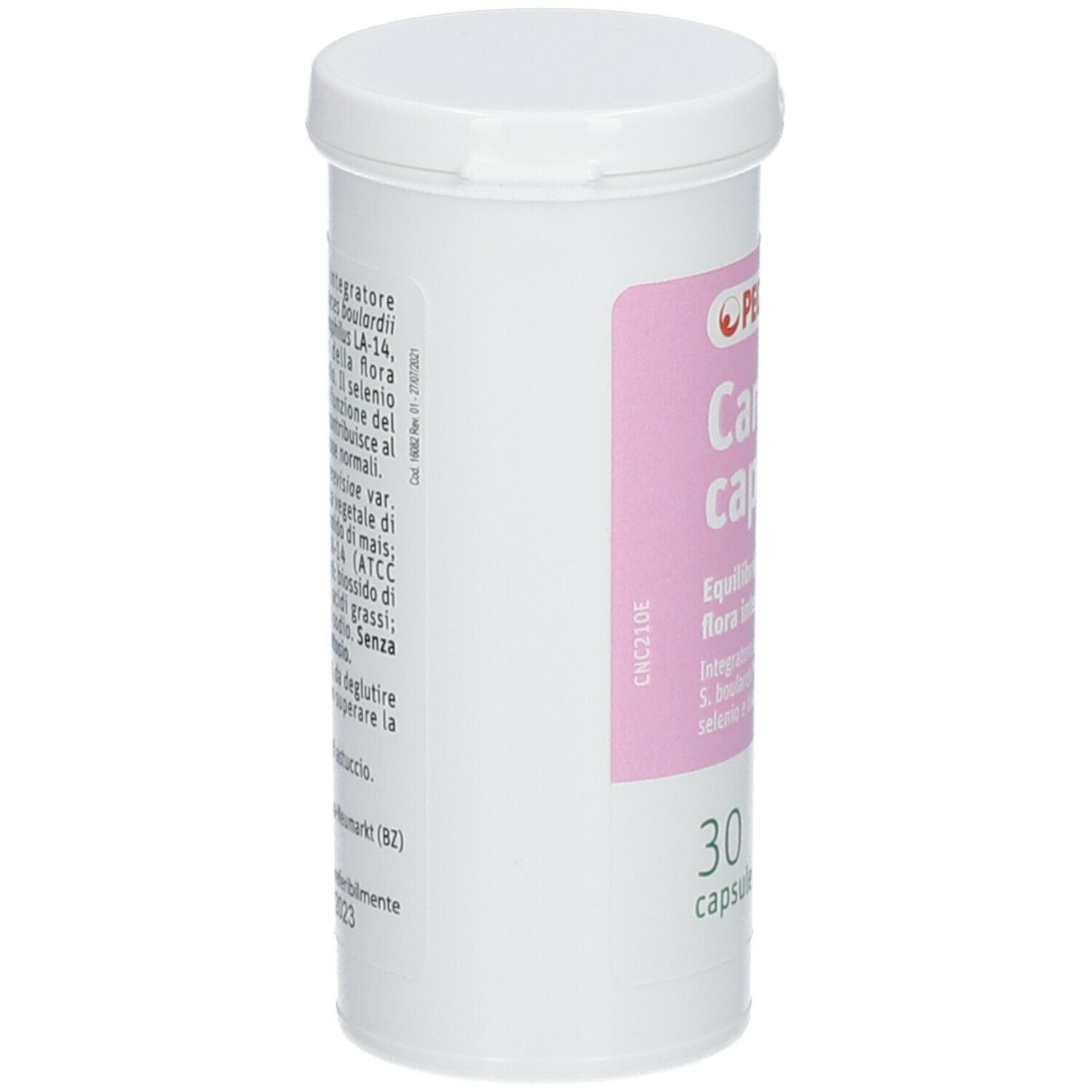 Flacone bianco PEGASO Candinorm capsule. Contiene 30 capsule. Etichetta rosa. Testo e logo.