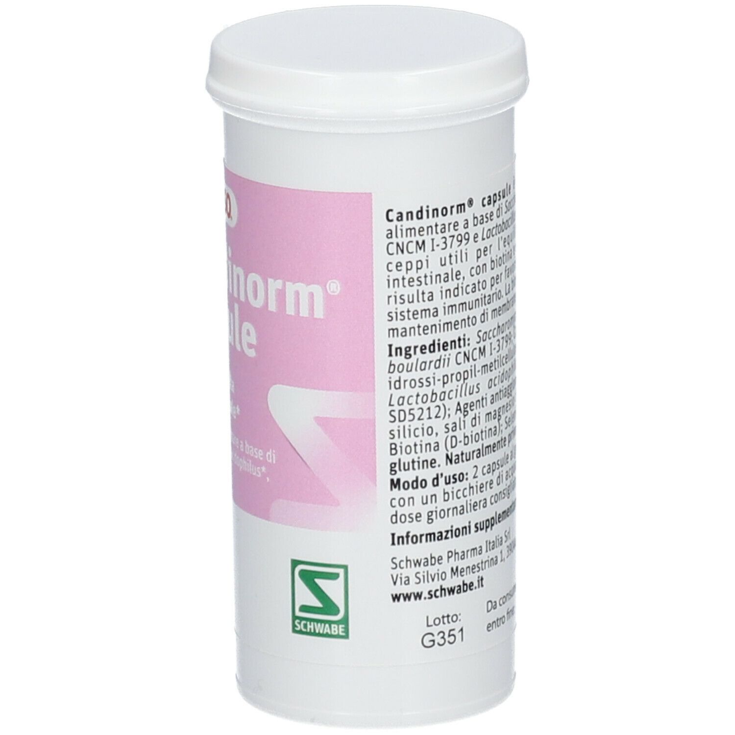 Flacone bianco PEGASO Candinorm capsule. Contiene 30 capsule. Etichetta rosa. Testo e logo.