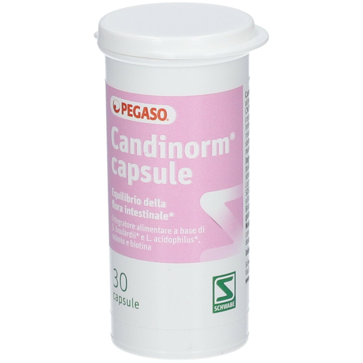 Flacone bianco PEGASO Candinorm capsule. Contiene 30 capsule. Etichetta rosa. Testo e logo.