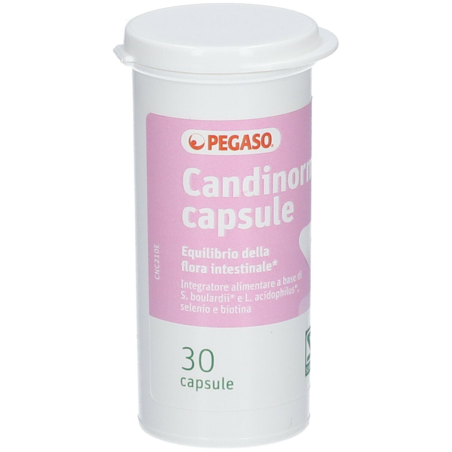 Flacone bianco PEGASO Candinorm capsule. Contiene 30 capsule. Etichetta rosa. Testo e logo.