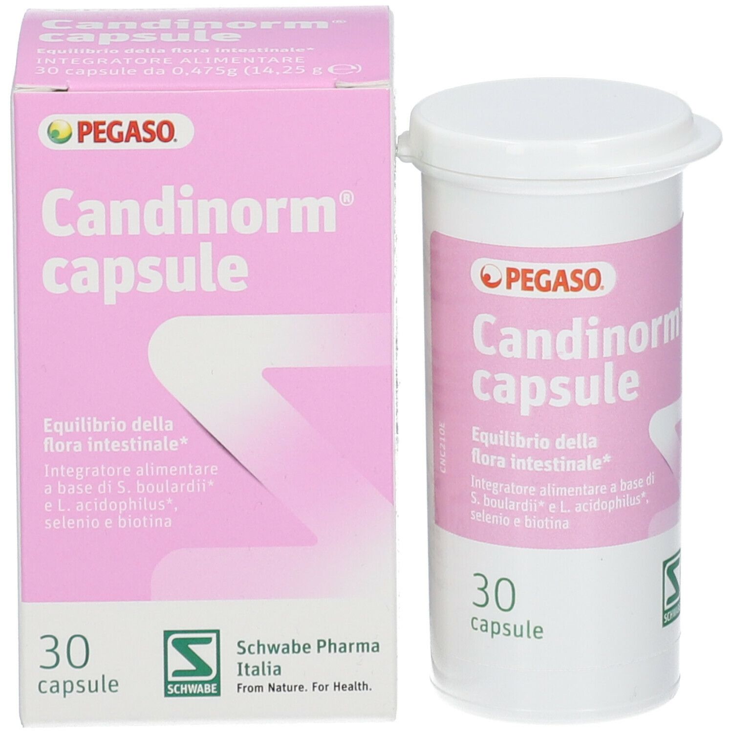 Scatola rosa e flacone bianco PEGASO Candinorm capsule. 30 capsule. Logo Schwabe Pharma.