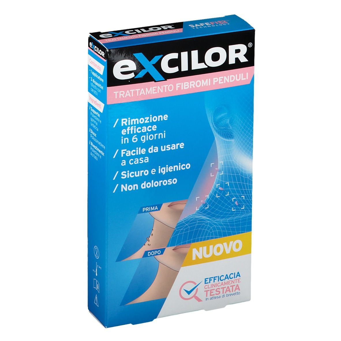 Scatola blu e bianca con nome e testo del prodotto. Scritto: Trattamento Fibromi Penduli. Illustrazione prima-dopo.