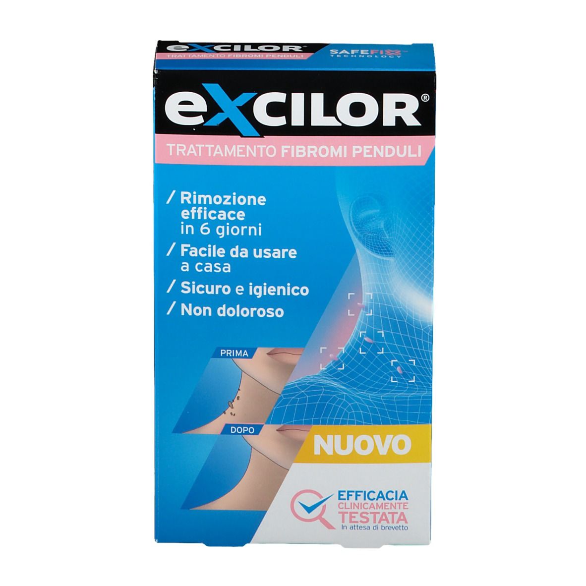 Scatola blu con nome e testo del prodotto. Scritto: Trattamento Fibromi Penduli. Illustrazione prima-dopo.