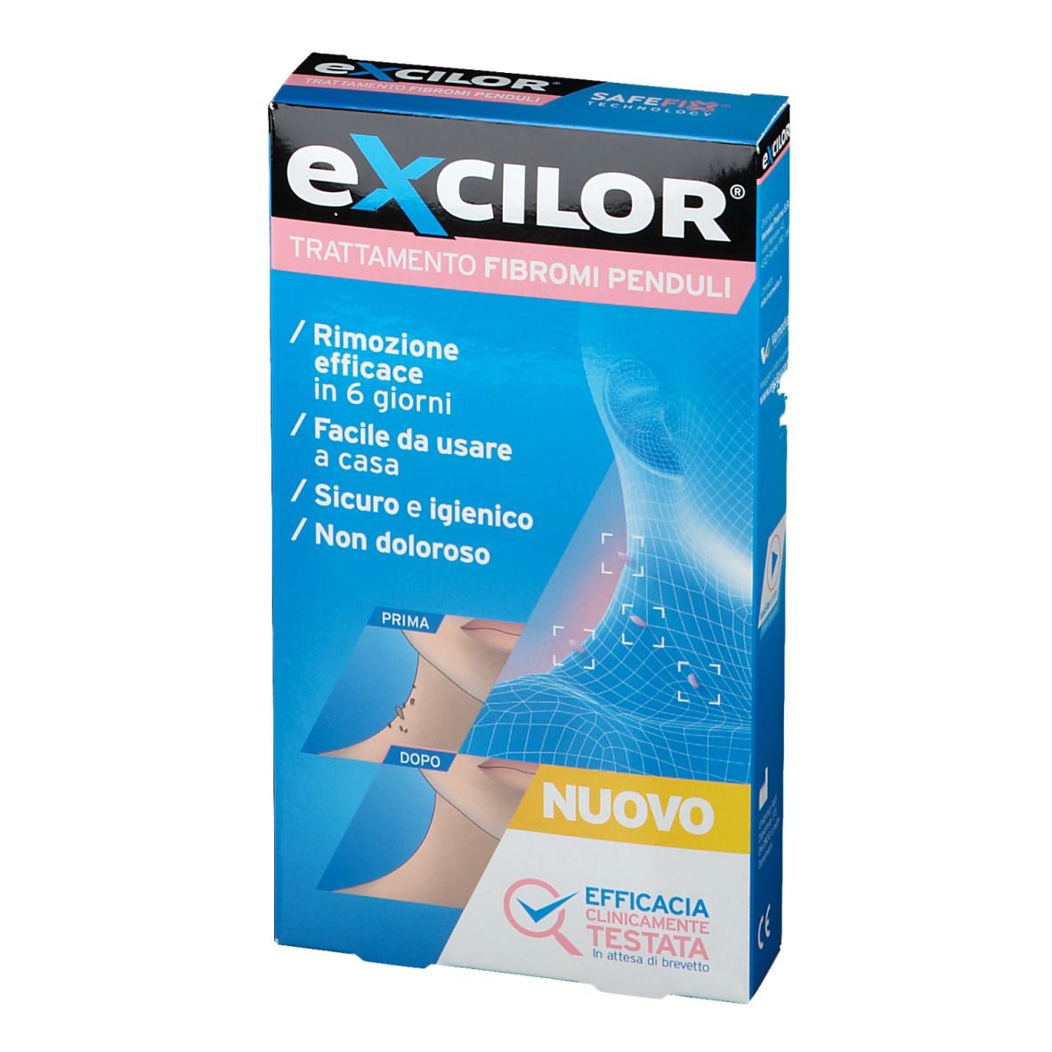 Scatola blu con nome e testo del prodotto. Scritto: Trattamento Fibromi Penduli. Illustrazione prima-dopo.