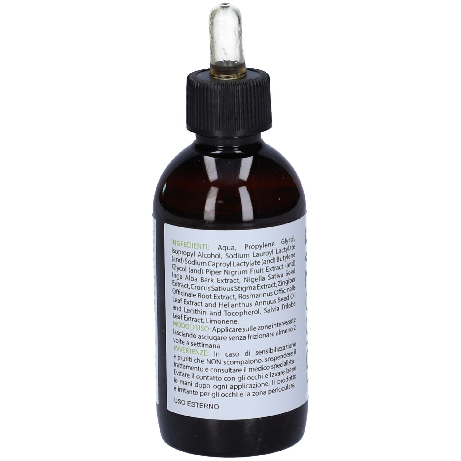 Flacone di vetro marrone con tappo nero e pipetta. Scritta: Ingredienti. Testo in italiano.