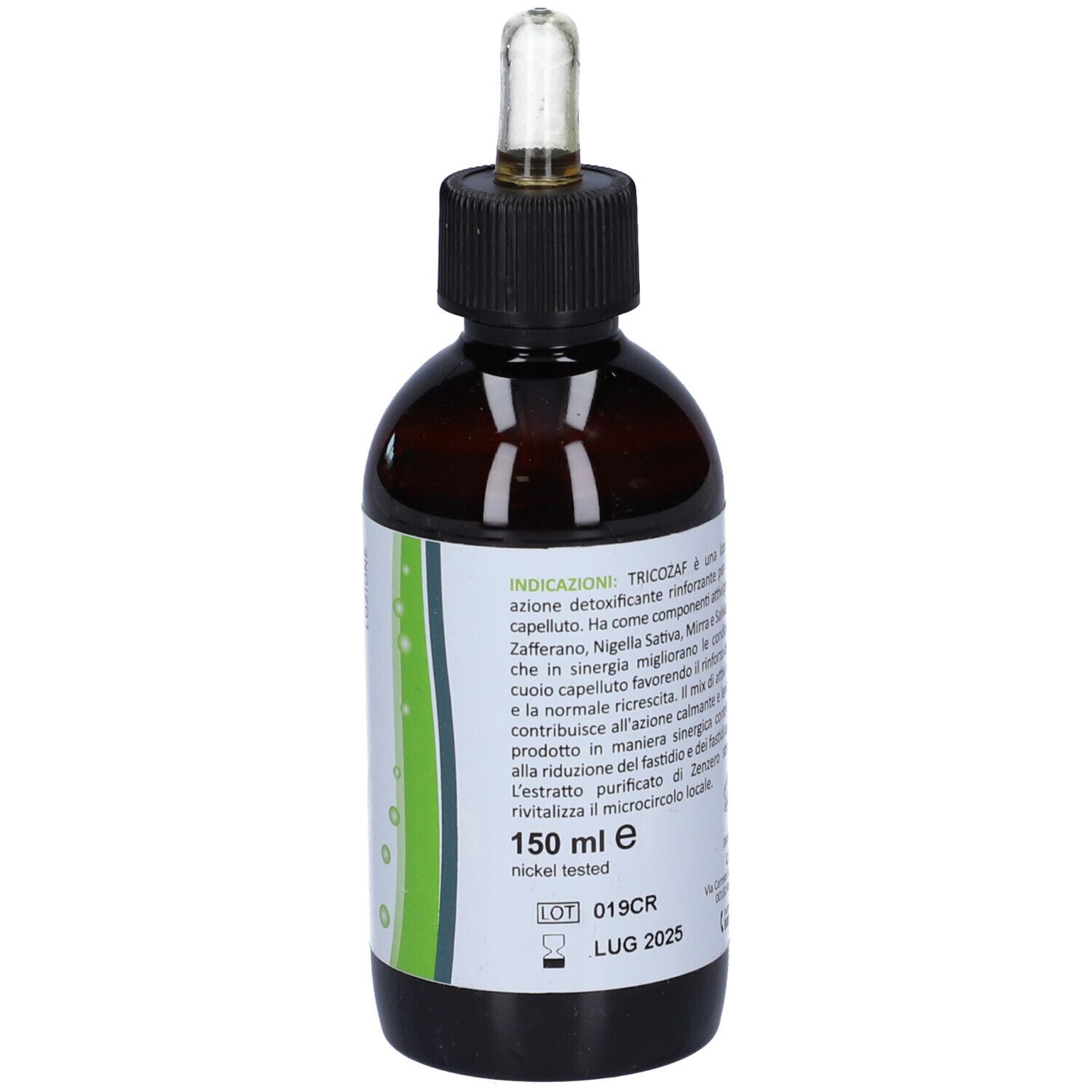 Flacone di vetro marrone con tappo nero e pipetta. Scritta: 150 ml e, nickel tested. LUG 2025.