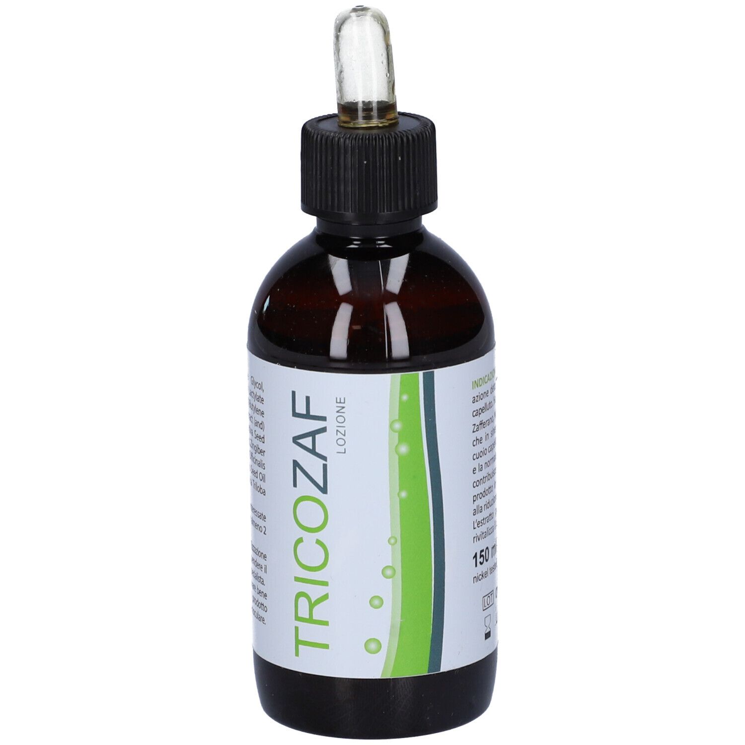 Flacone di vetro marrone con tappo nero e pipetta. Scritta: TRICOZAF LOZIONE, 150 ml e.