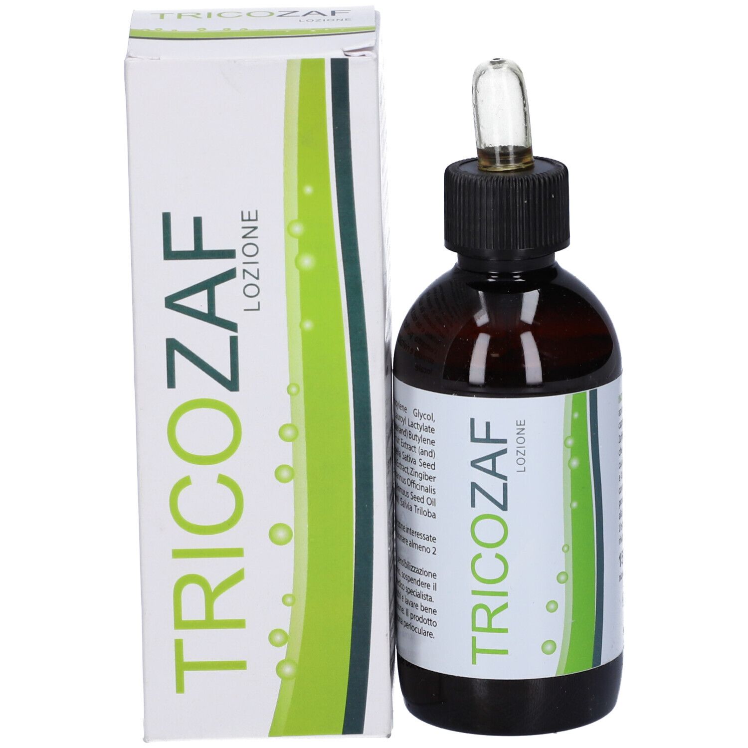 Flacone di vetro marrone con tappo nero e pipetta accanto a una scatola bianca. Scritta: TRICOZAF LOZIONE.