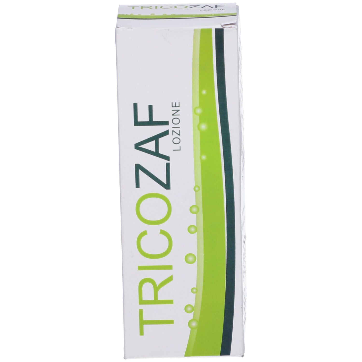 Scatola bianca con strisce verdi. Scritta: TRICOZAF LOZIONE.