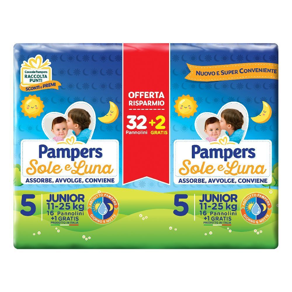 Pampers Sole&Luna Trio Junior Windeln. Packung mit 32+2 Windeln. Aufdrucke mit Sonne, Mond und Kind. Größe 5, 11-25 kg.