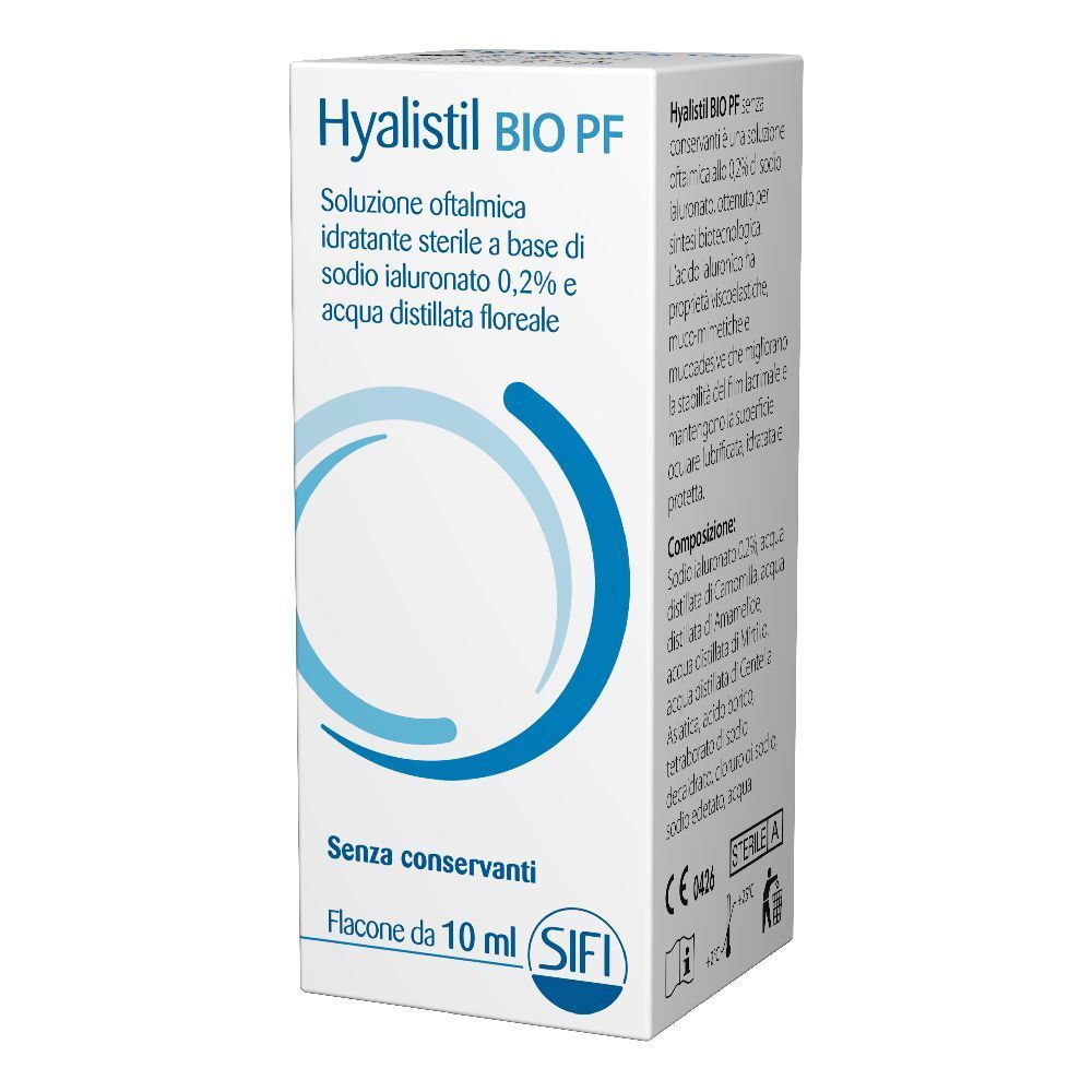 Scatola con informazioni sul prodotto. Design blu e bianco. Testo: Hyalistil BIO PF, soluzione oftalmica, 10 ml.
