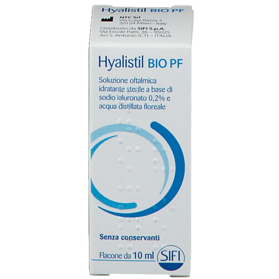 Scatola con informazioni sul prodotto. Design blu e bianco. Testo: Hyalistil BIO PF, soluzione oftalmica, 10 ml.