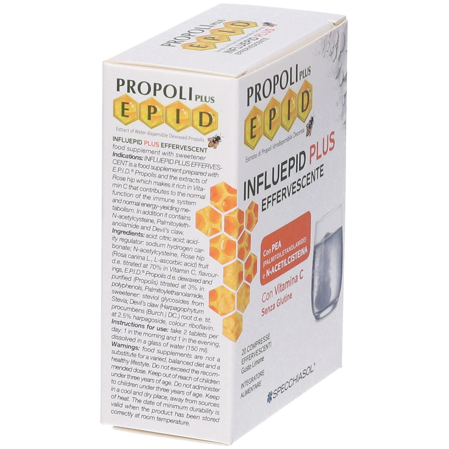 Weißer Karton, schräg von oben. Aufdruck: PROPOLI PLUS EPID, INFLUEPID PLUS EFFERVESCENTE. Text und Inhaltsstoffe.