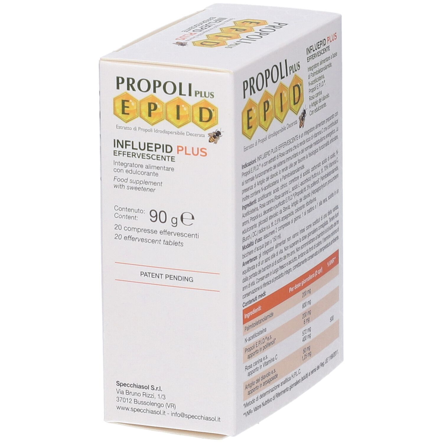 Weißer Karton, schräg von oben. Aufdruck: PROPOLI PLUS EPID, INFLUEPID PLUS EFFERVESCENTE. Enthält 90g, 20 Brausetabletten.