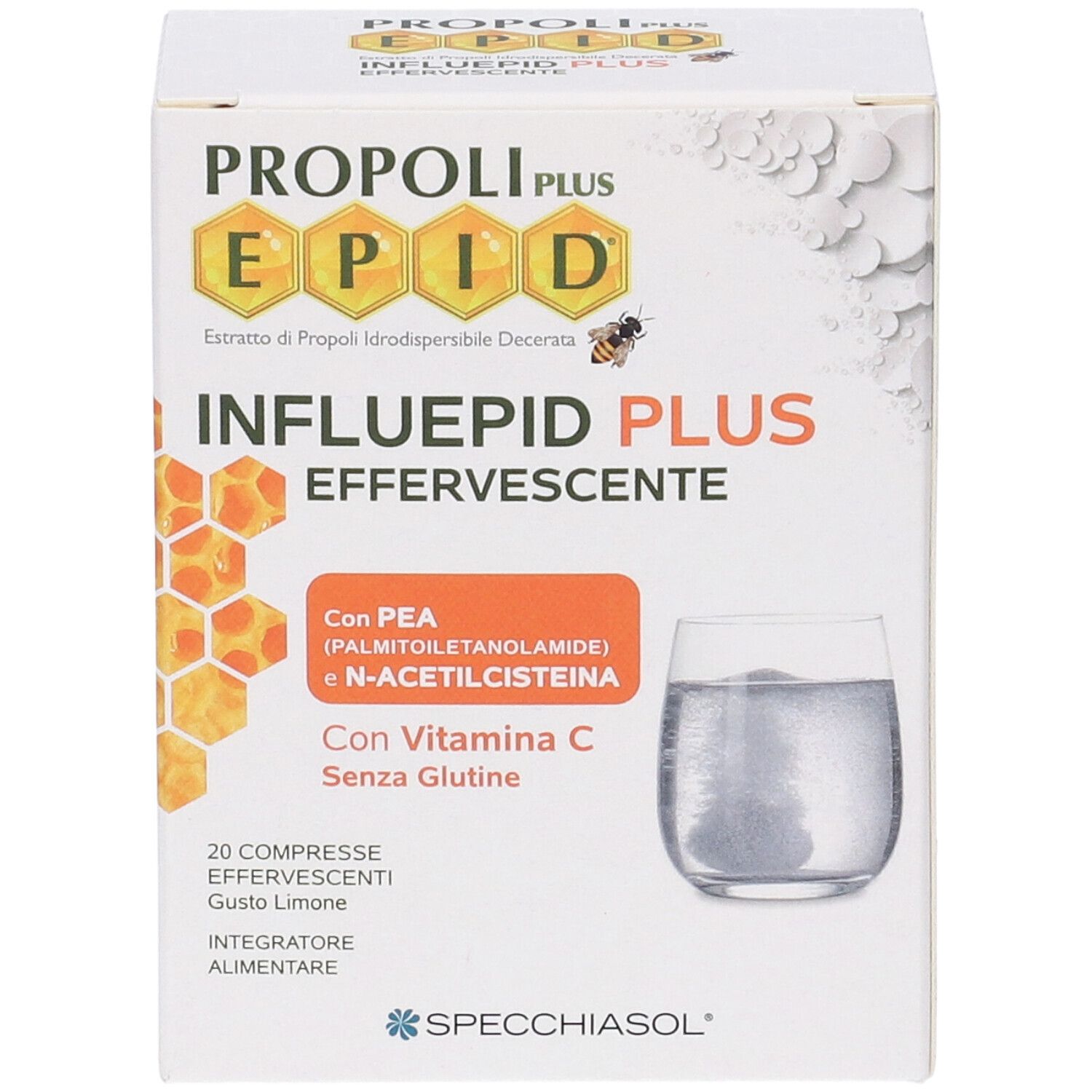 Weißer Karton mit Produktaufdruck. Enthält 20 Brausetabletten. Aufdruck: PROPOLI PLUS EPID, INFLUEPID PLUS EFFERVESCENTE.