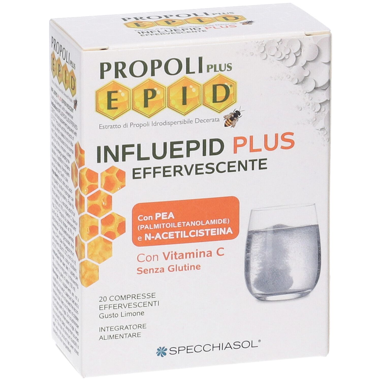 Weißer Karton mit Produktaufdruck. Enthält 20 Brausetabletten. Aufdruck: PROPOLI PLUS EPID, INFLUEPID PLUS EFFERVESCENTE.