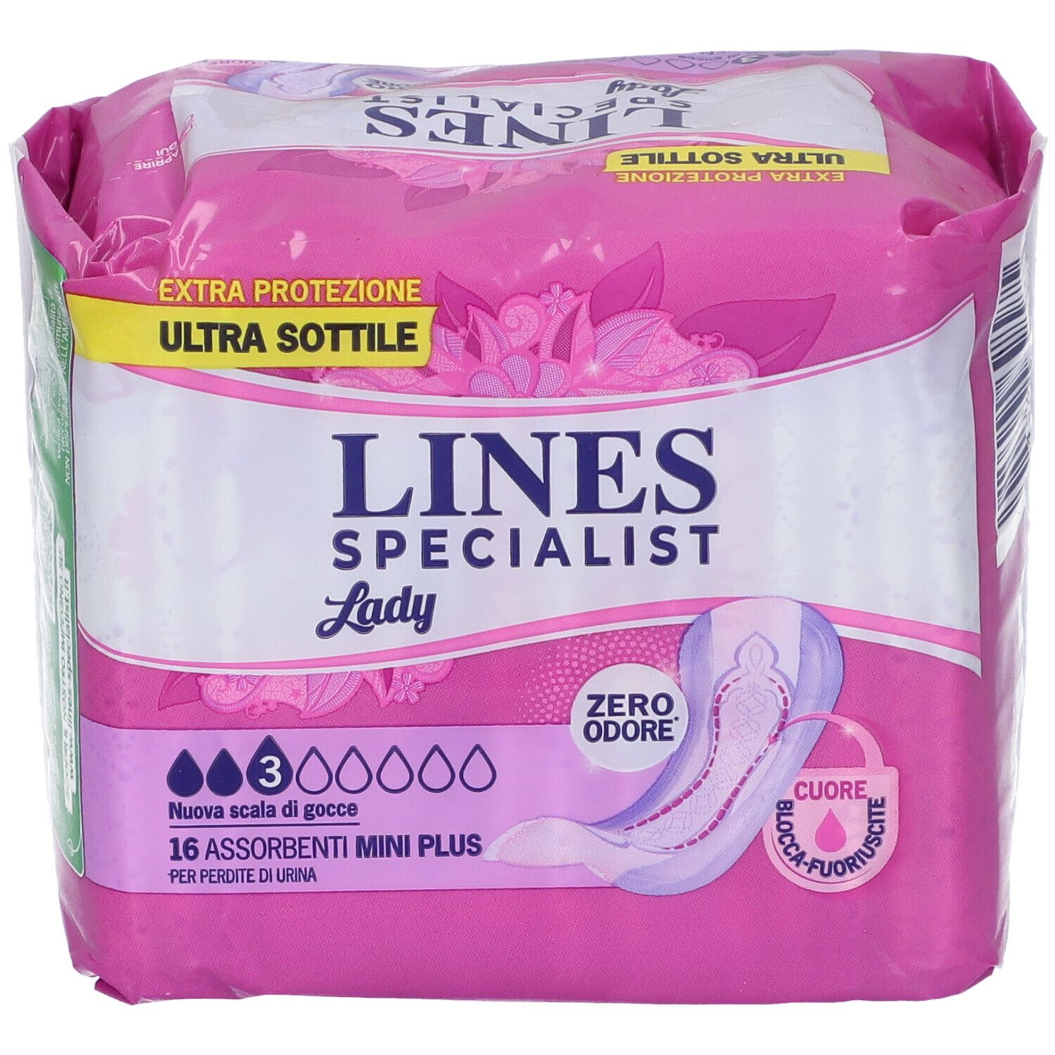 Packung mit 16 Lines Specialist Lady Mini Plus Binden für Blasenschwäche, Ultra dünn, Zero Odor.