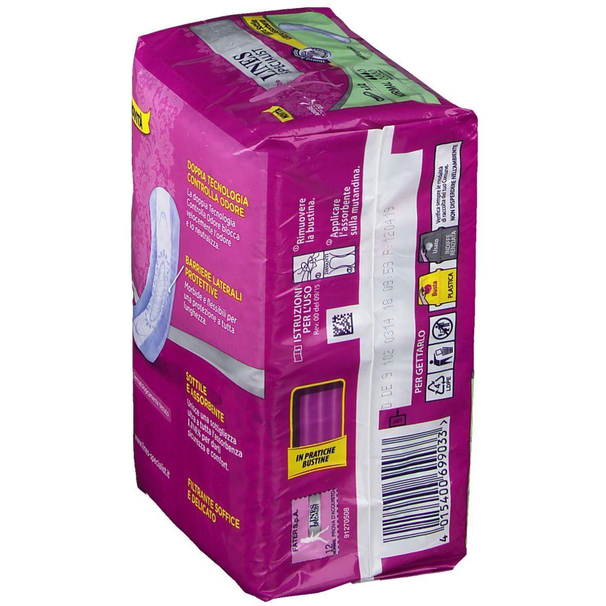 Confezione di assorbenti, vista laterale. Design rosa e bianco con nome e logo del prodotto. Informazioni sull'uso e lo smaltimento.