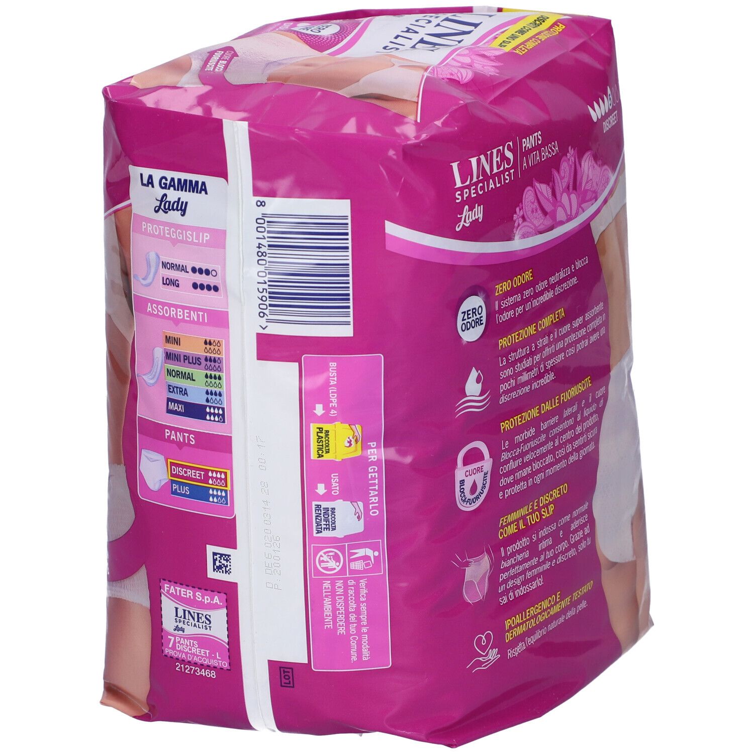 Verpackung von Damenpants. Rosa Verpackung mit Produktinformationen und Barcode. Größe L, 7 Stück, diskret.