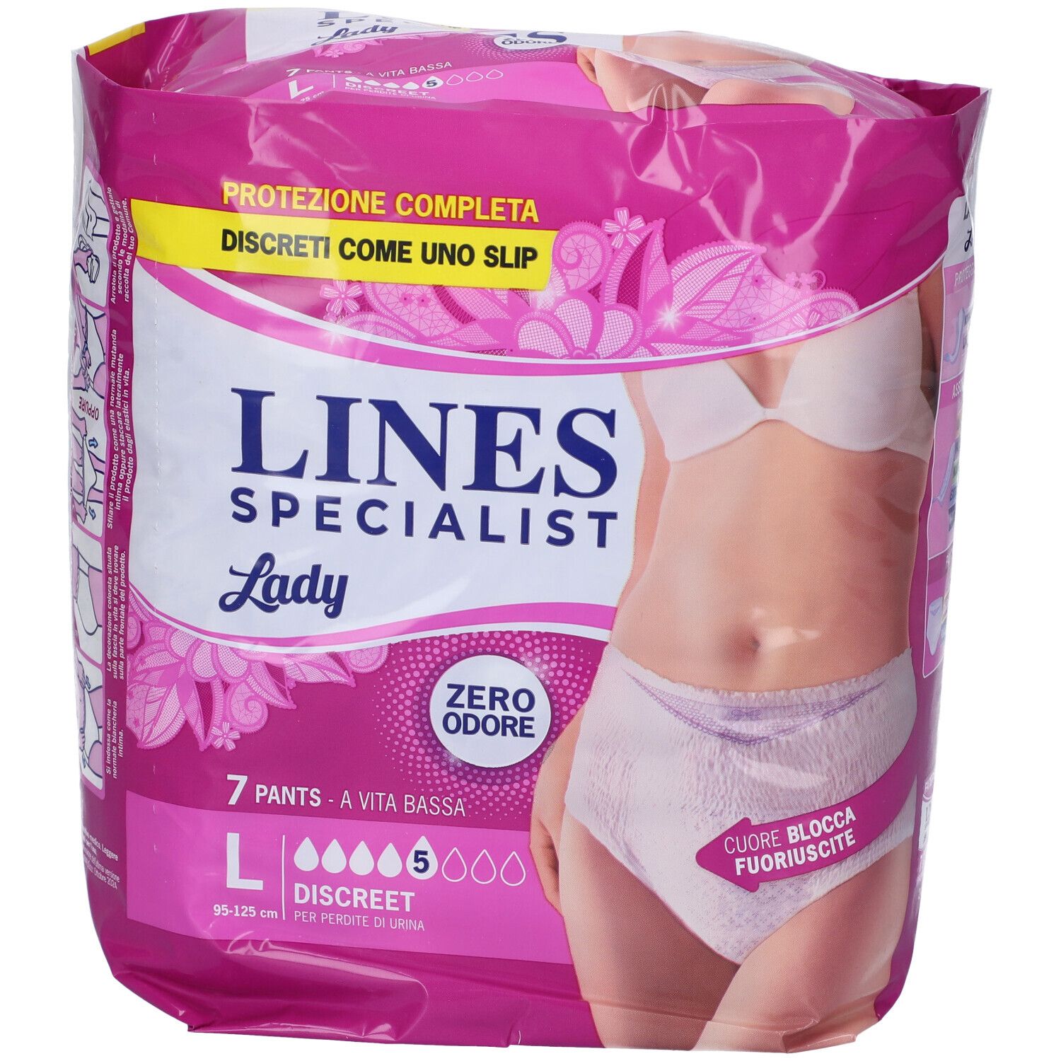 Verpackung von Damenpants. Rosa Verpackung mit Produktabbildung und Produktinformationen. Größe L, 7 Stück, diskret.