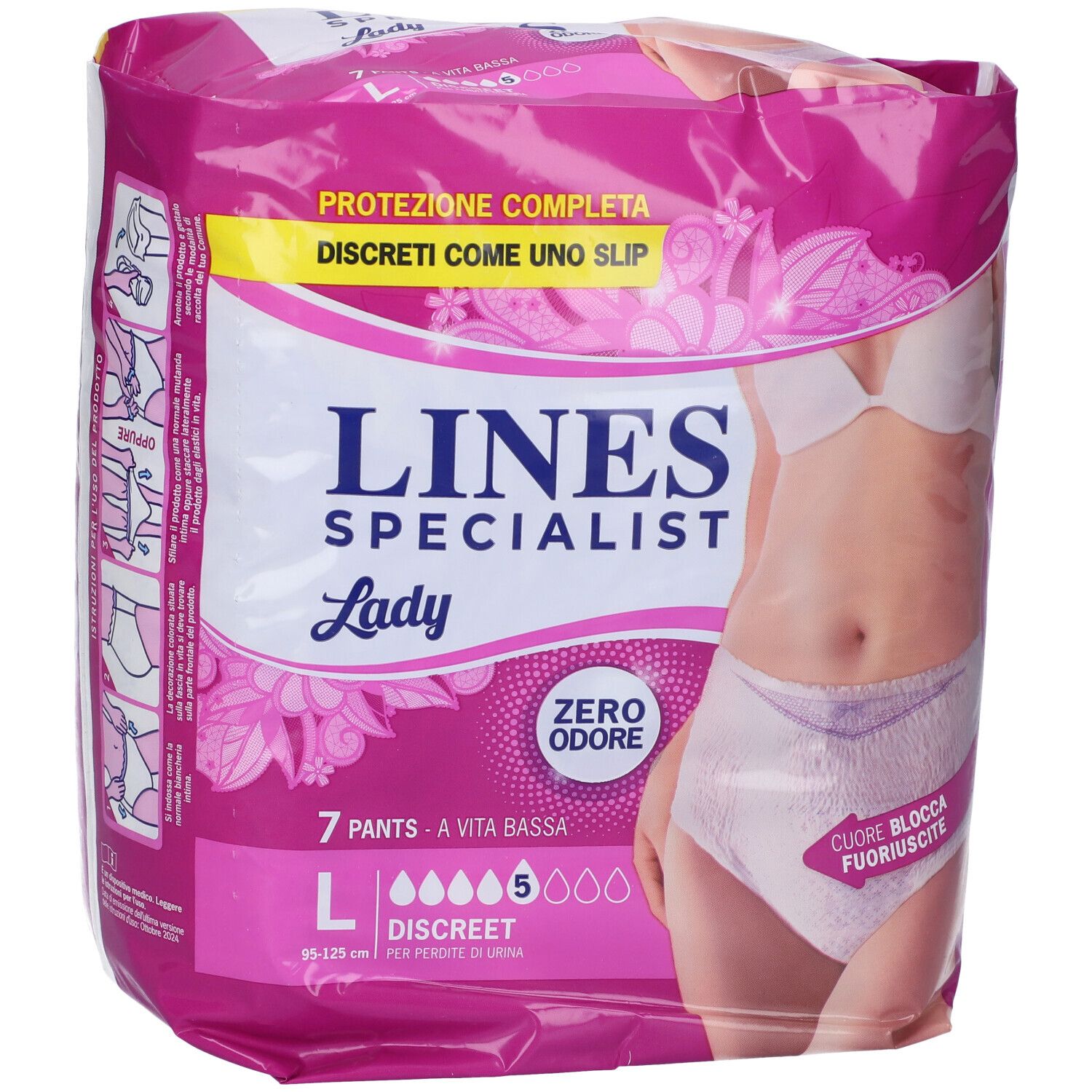 Verpackung von Damenpants. Rosa Verpackung mit Produktabbildung und Produktinformationen. Größe L, 7 Stück, diskret.