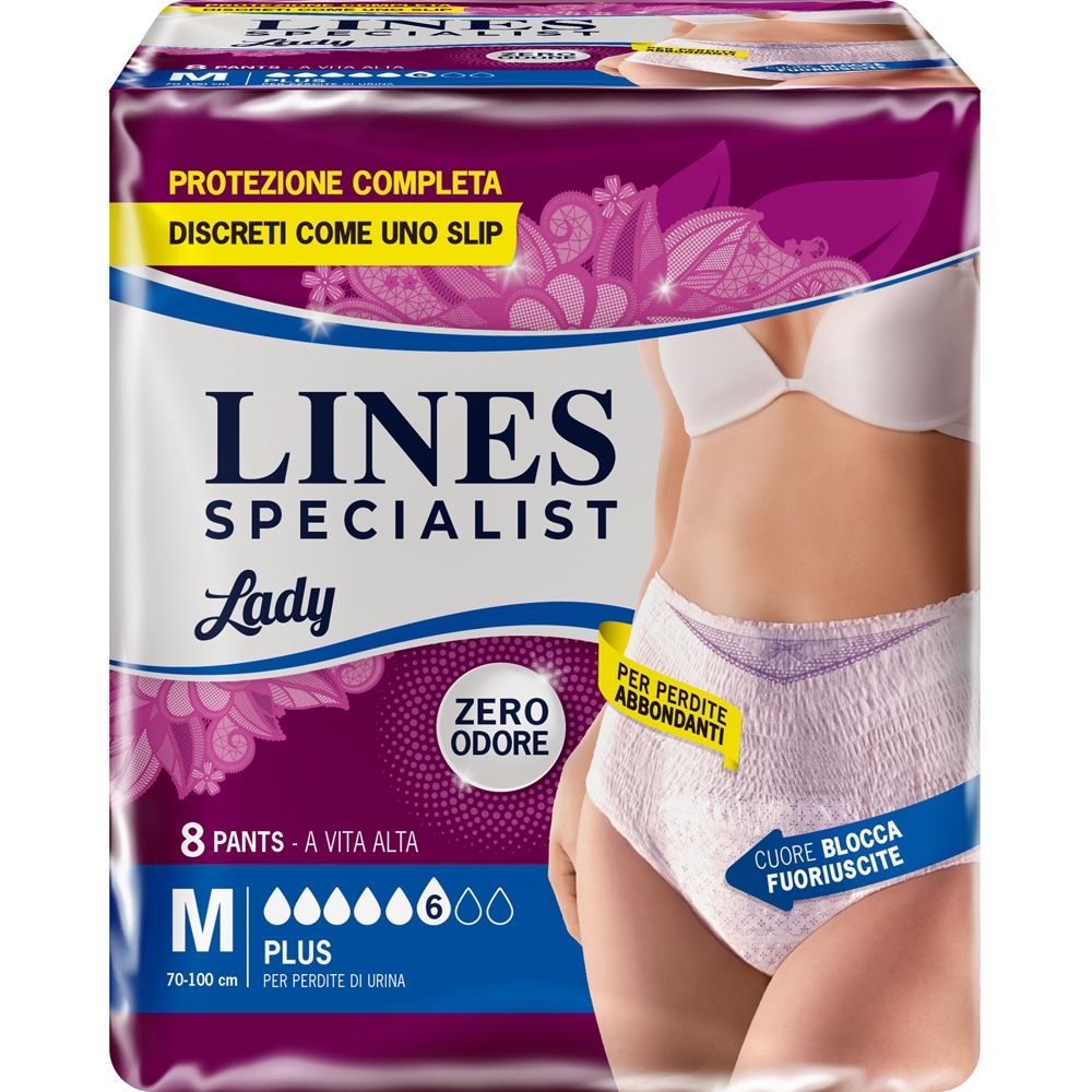 Verpackung von Lines Specialist Lady Pants Lady Plus M. Rosa-weiß. 8 Pants, Größe M, für Inkontinenz. Abbildung einer Frau.