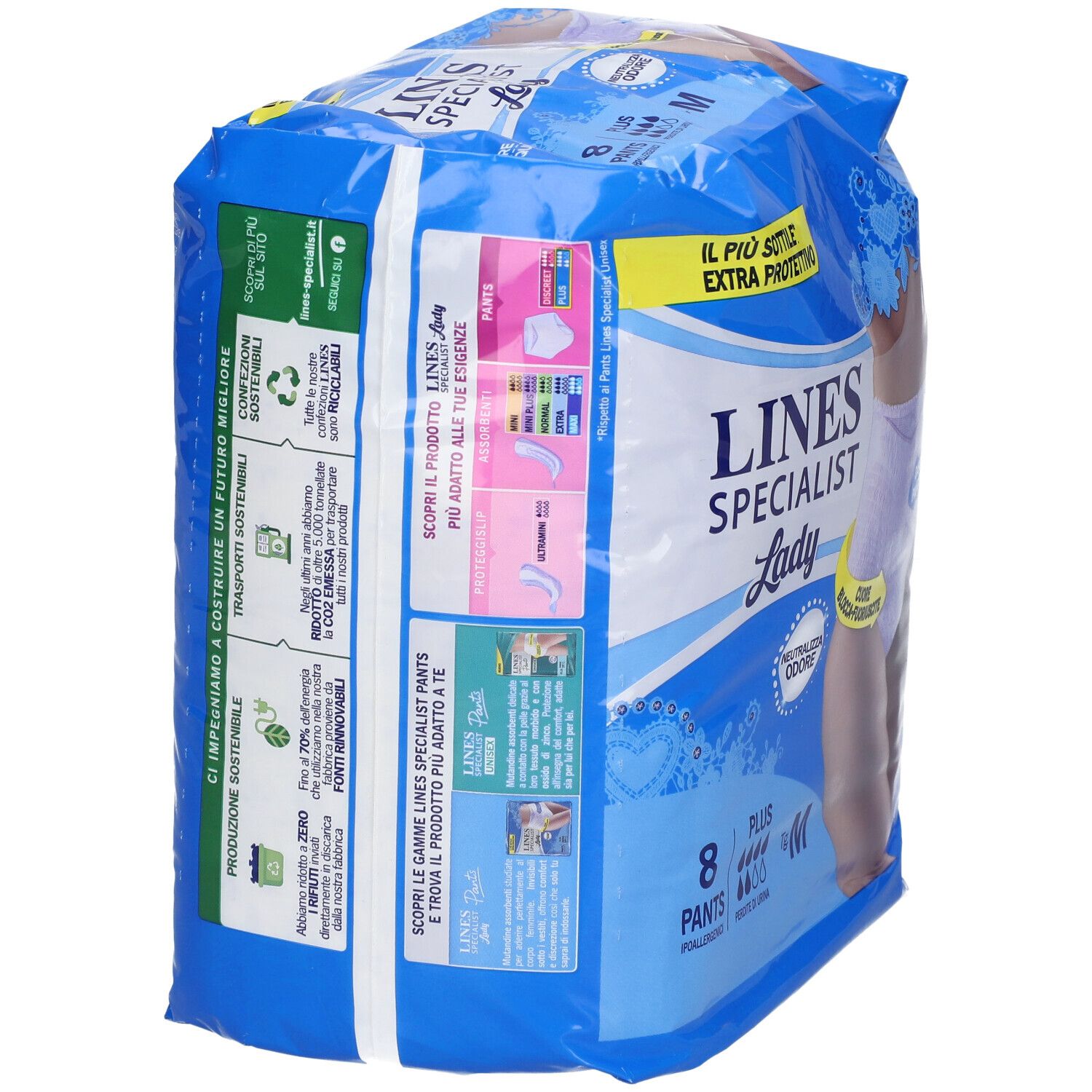 Retro della confezione LINES SPECIALIST Lady Pants Plus M. Imballaggio blu, informazioni sul prodotto, simboli di riciclaggio.