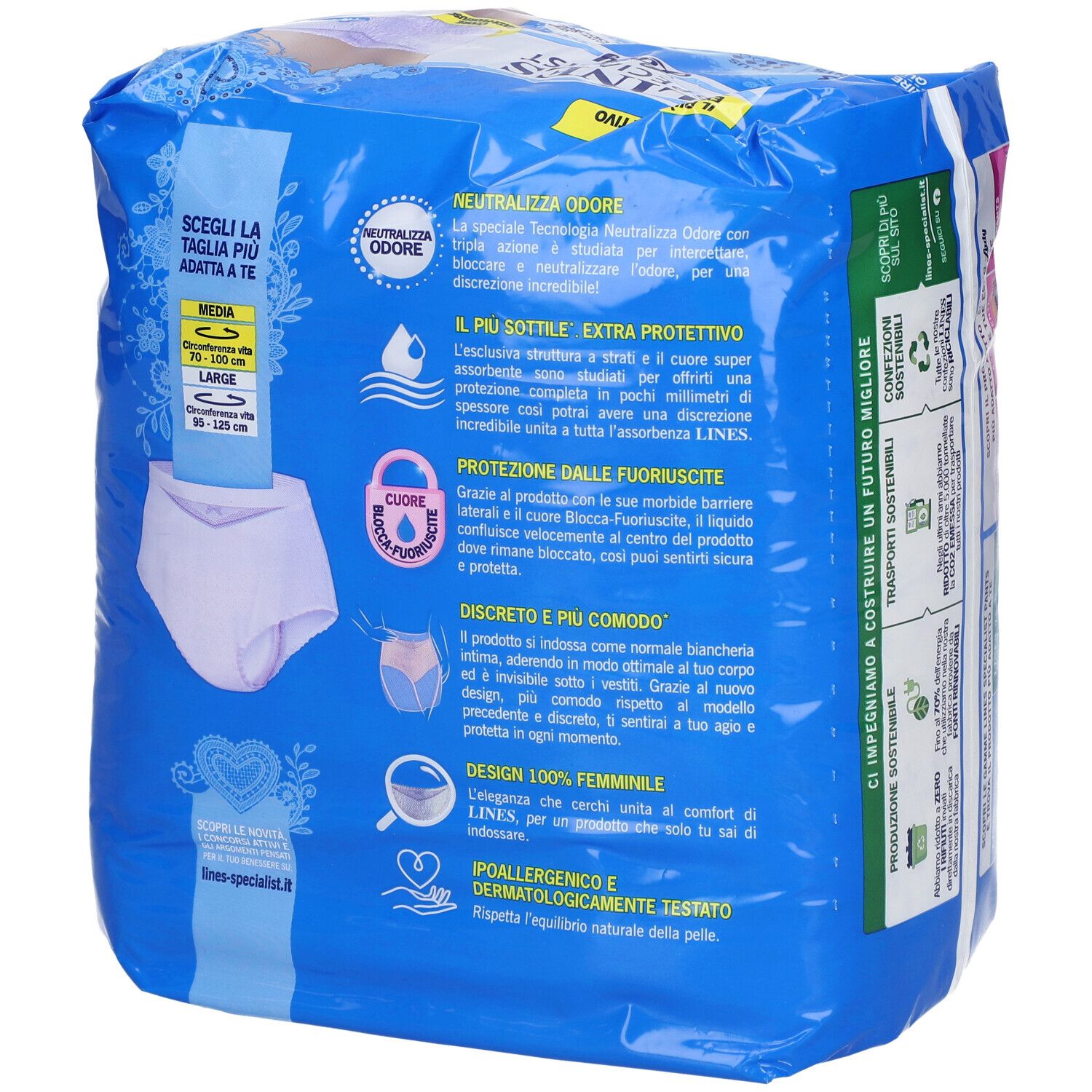 Retro della confezione LINES SPECIALIST Lady Pants Plus M. Imballaggio blu, caratteristiche del prodotto, informazioni sulle taglie, ingredienti.