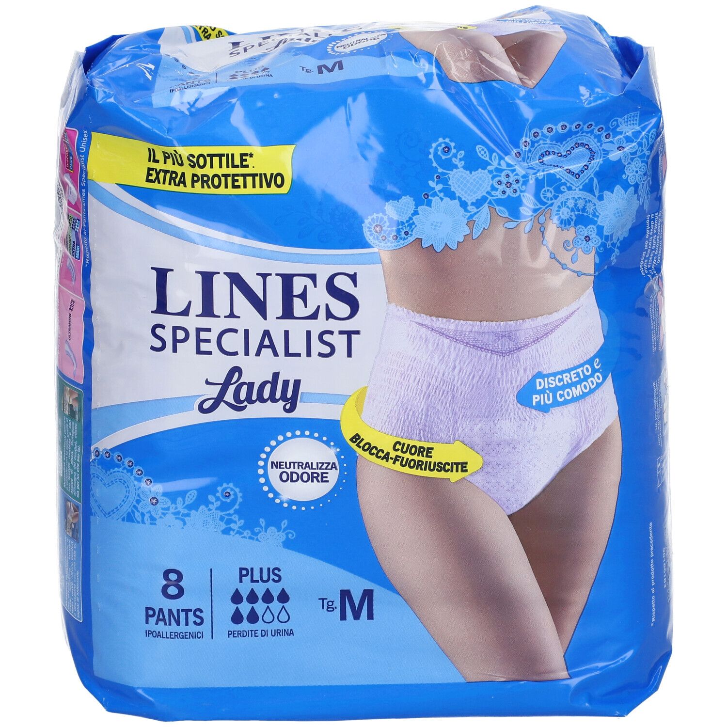 Confezione di LINES SPECIALIST Lady Pants Plus M. Imballaggio blu, immagine del prodotto, 8 Pants, taglia M.