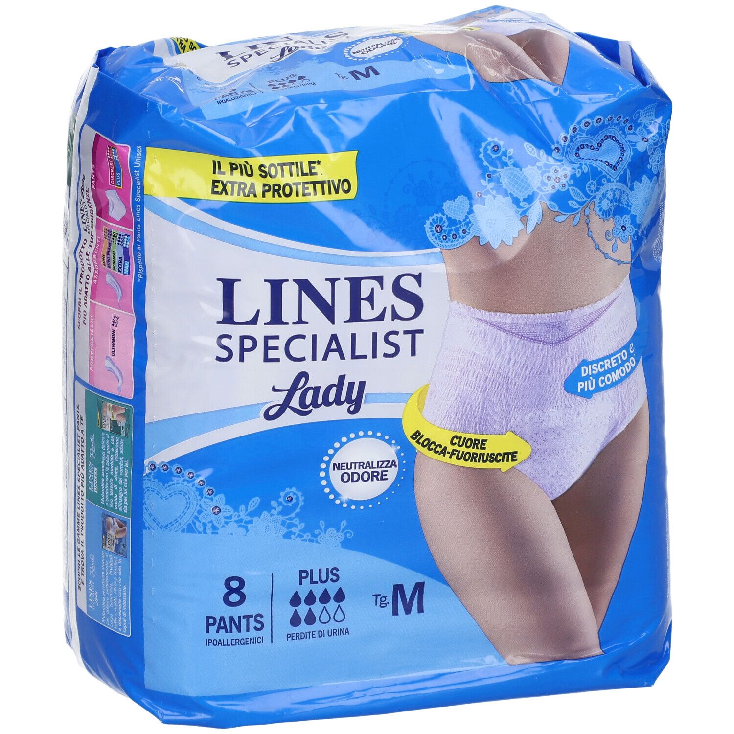 Confezione di LINES SPECIALIST Lady Pants Plus M. Imballaggio blu, immagine del prodotto, 8 Pants, taglia M.
