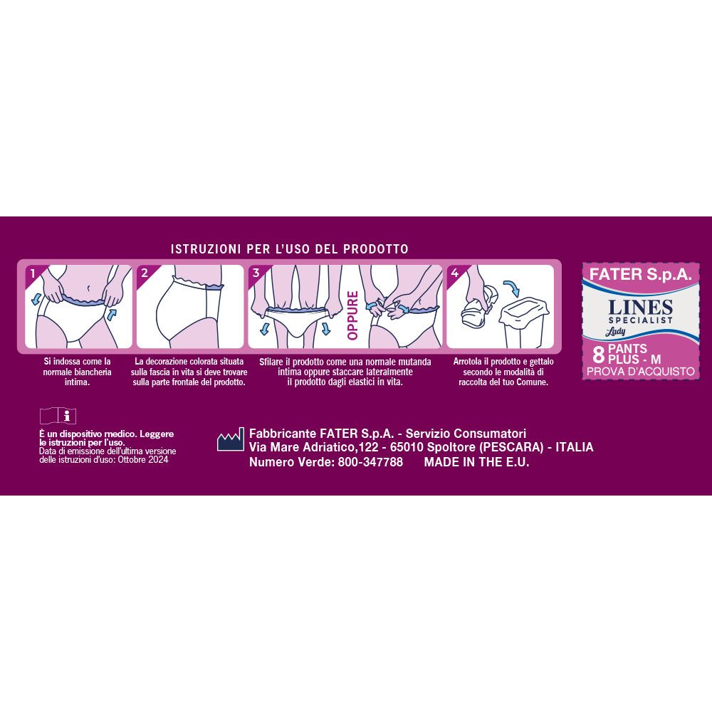 Anweisungen zur Verwendung von Lines Specialist Lady Pants. Illustrationen zeigen die Anwendung. Text in italienischer Sprache.