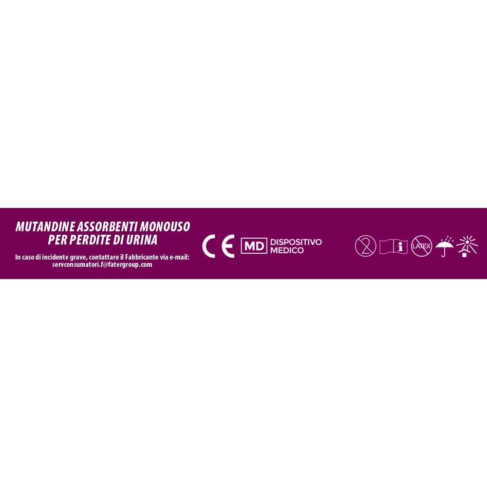Text auf lila Hintergrund. Mutandine assorbenti per perdite di urina. CE-Kennzeichnung. Medizinprodukt-Symbol.