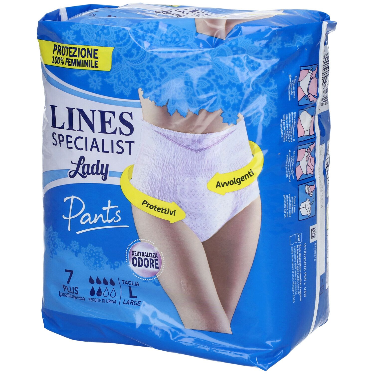 Confezione blu e bianca LINES Specialist Lady Pants. Scritte: 7 Plus, L, Protezione 100% femminile. Immagine del prodotto.