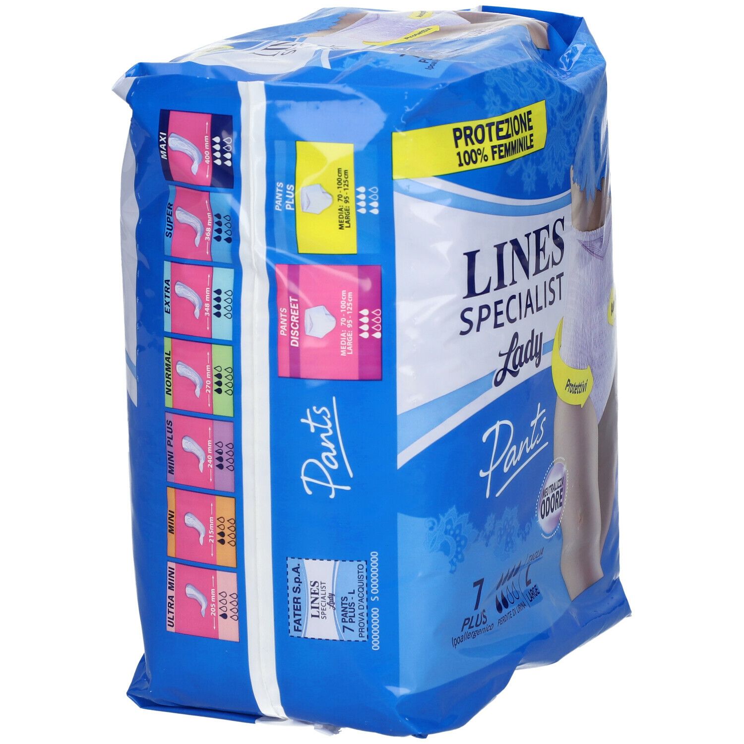 Confezione blu e bianca LINES Specialist Lady Pants. Scritte: 7 Plus, L, Protezione 100% femminile. Illustrazioni e indicazioni taglie.