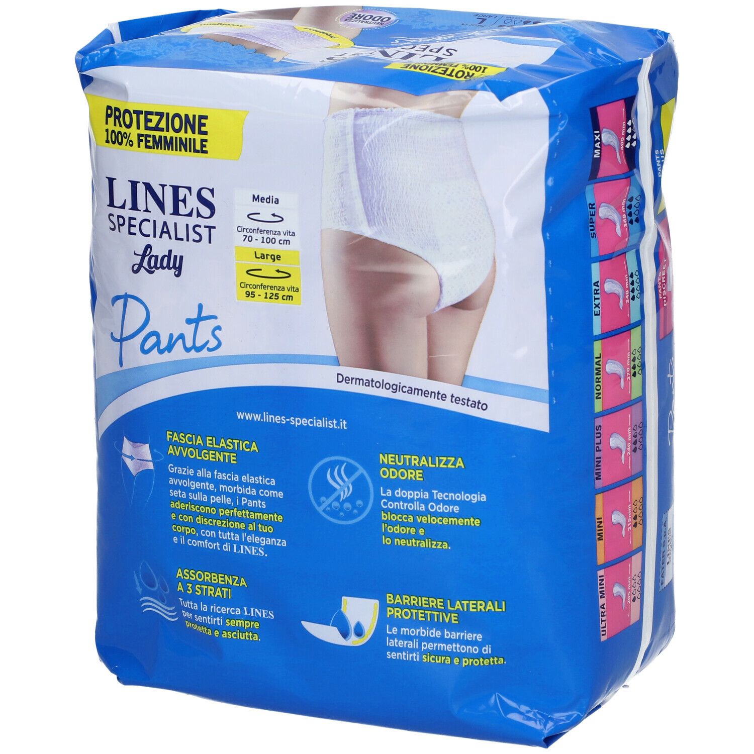 Confezione blu e bianca LINES Specialist Lady Pants. Scritte: 7 Plus, L, Protezione 100% femminile. Informazioni sul retro.
