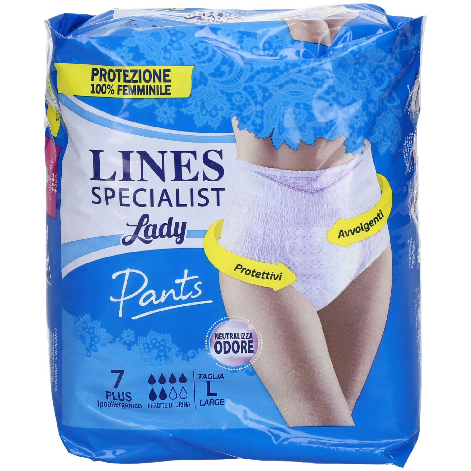 Confezione blu e bianca LINES Specialist Lady Pants. Scritte: 7 Plus, L, Protezione 100% femminile. Immagine del prodotto.